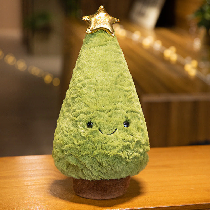 Plush Christmas Tree with a Smiling Embroidered Face | Glitter Star Top and Faux Fur Surface | Soft Toy and Shelf Decorations