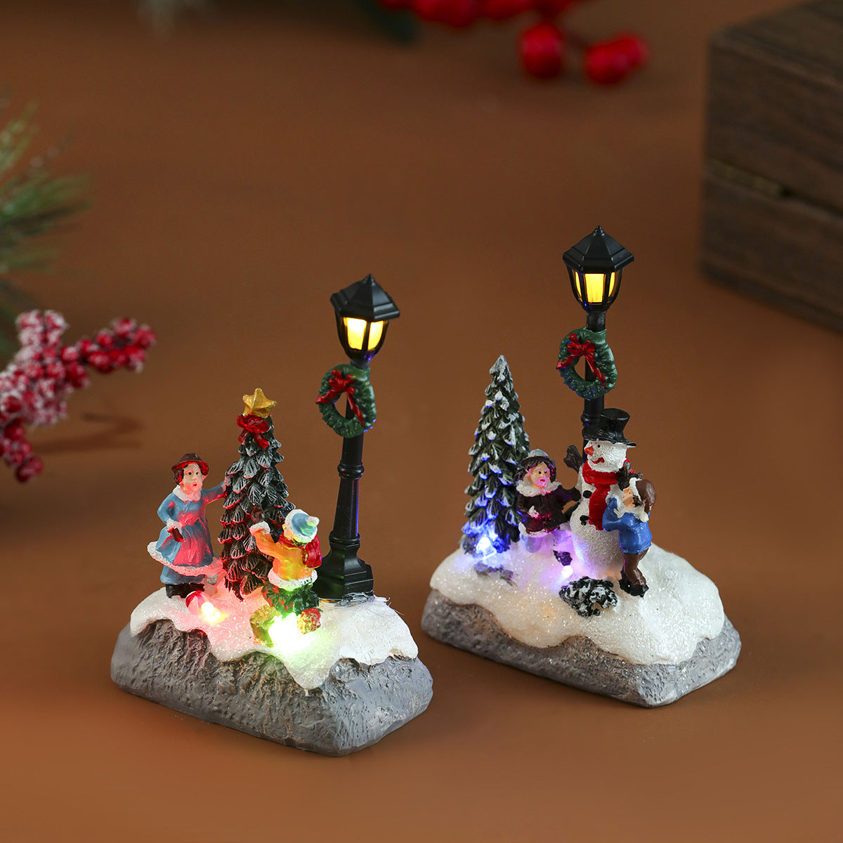 Light Up Christmas Village Figurines Set with Snowman Scene