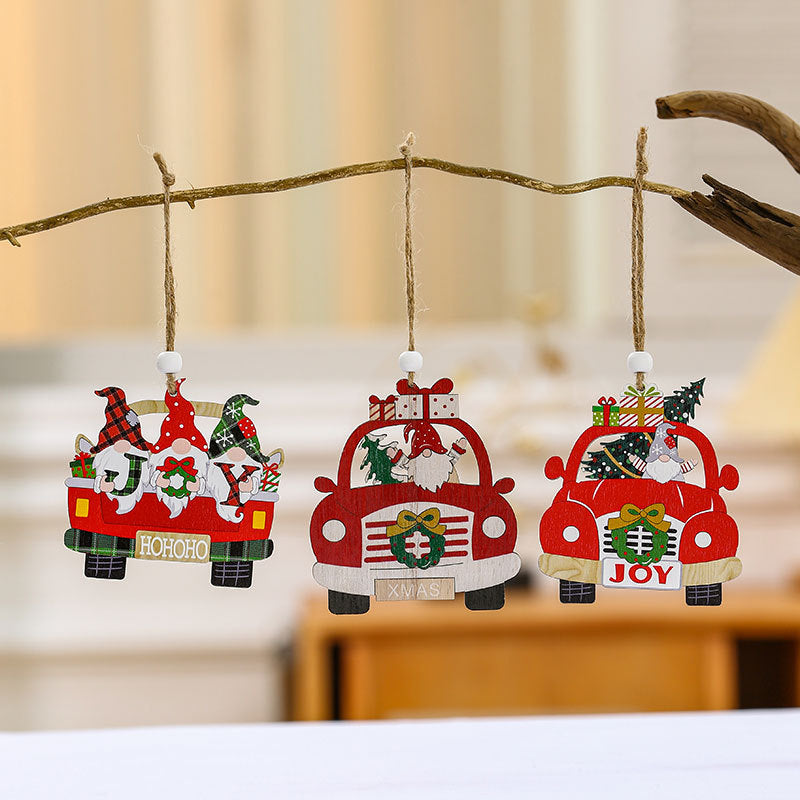 Wooden Christmas Tree Ornaments Set with Santa Gnome Car Design