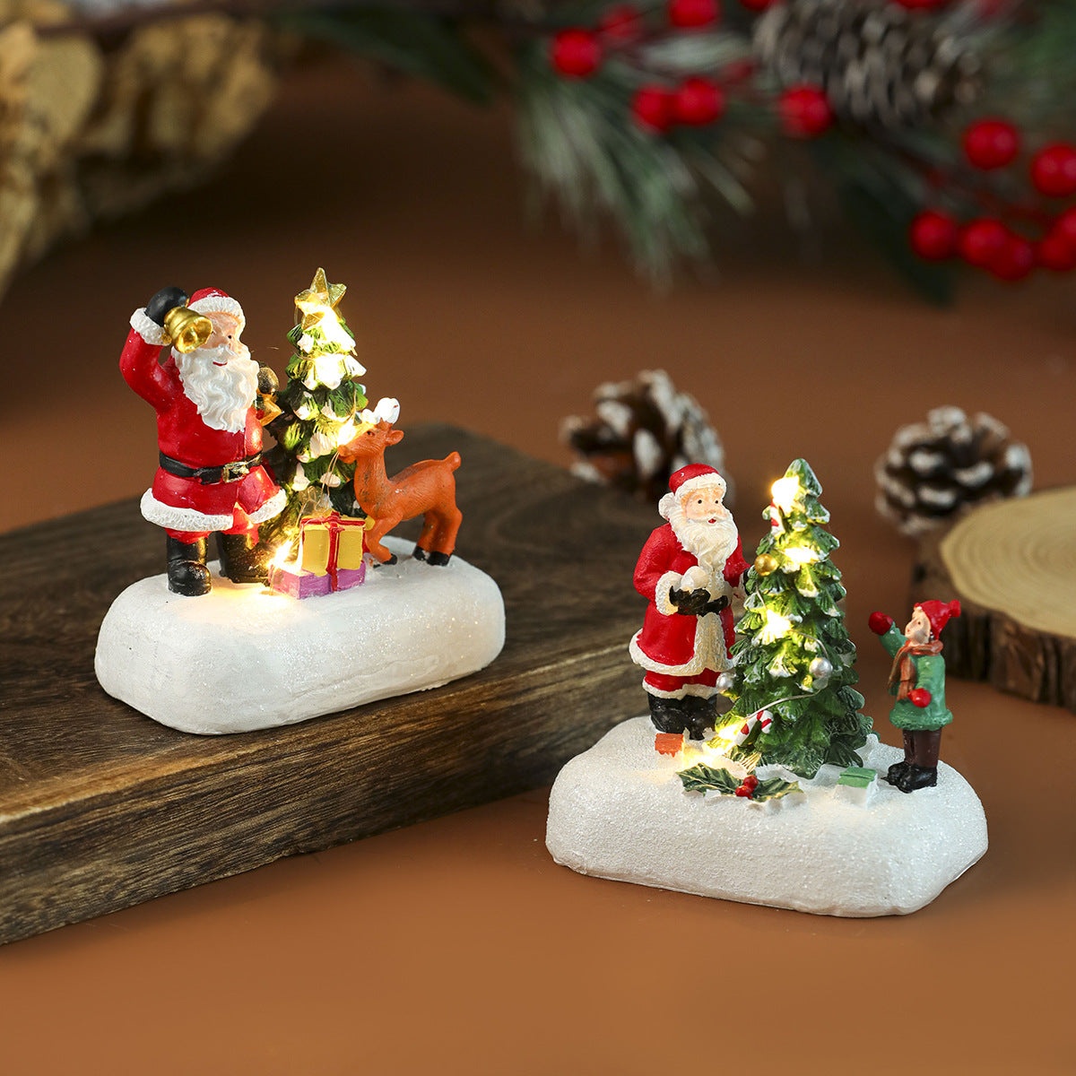Light Up Christmas Village Figurines with Santa and Snowman