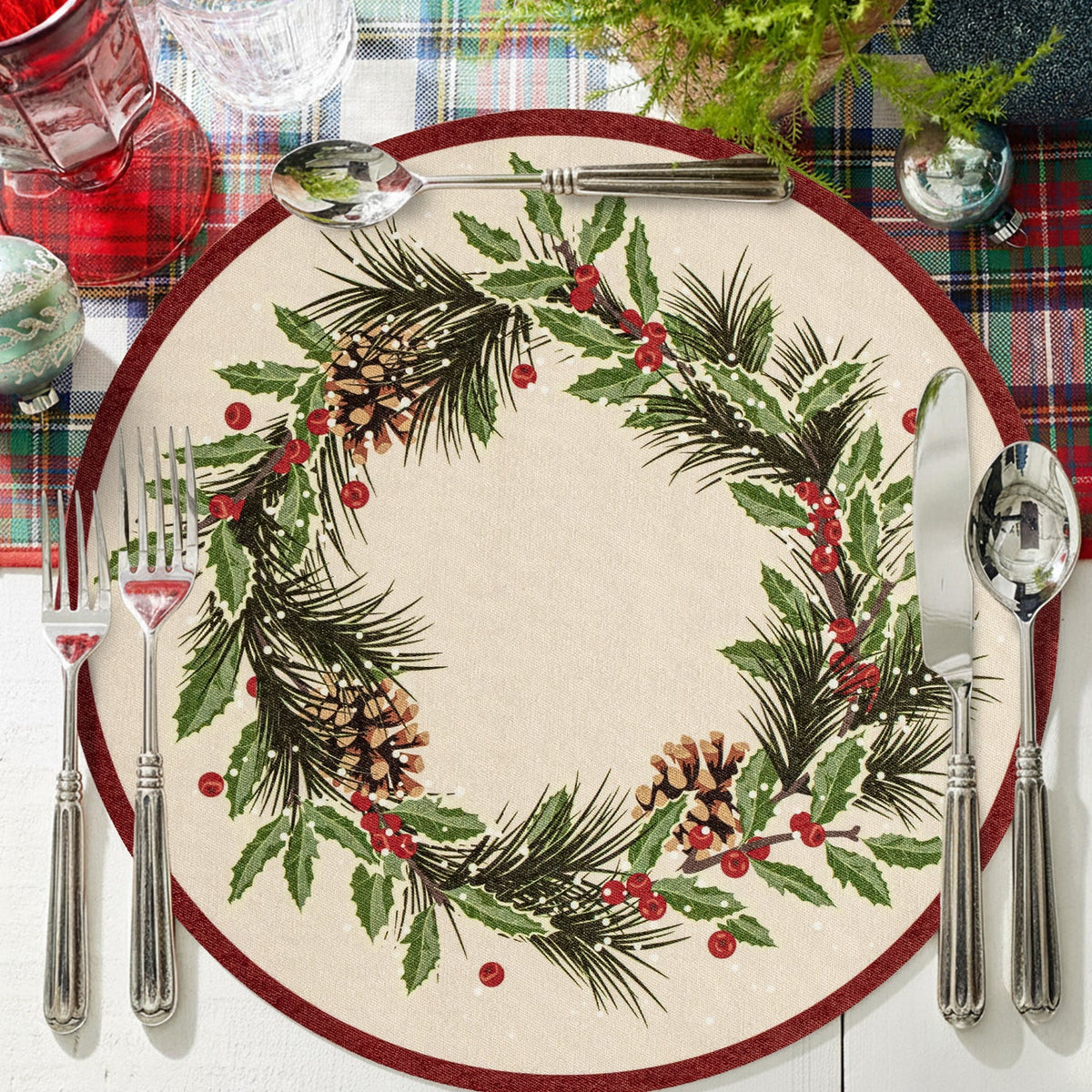 Round Christmas Wreath Print Placemat with Pine Cones