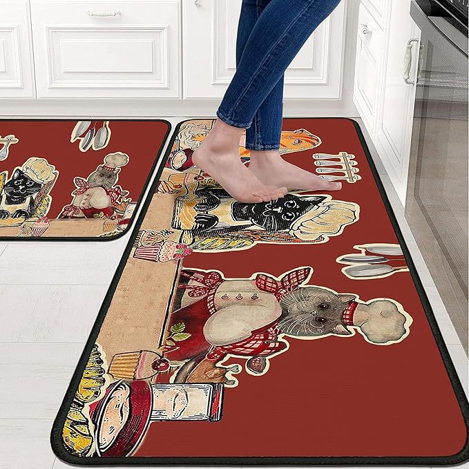Cartoon Chef Kitchen Rug Set of Two with Non-Slip Backing | Cushioned Runner for Standing at the Counter | 2 Colors