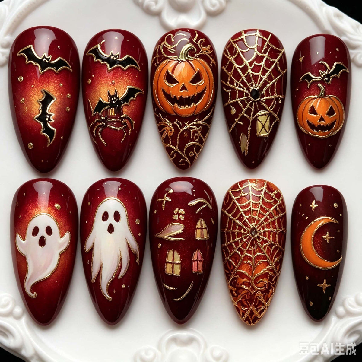 Halloween Press on Nails with Ghost and Cat Art | Almond Shape in Glitter Pink | Adhesive Tabs Included