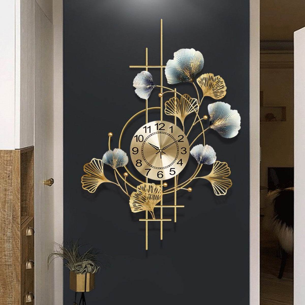 Long Wall Clock with Gilded Ginkgo Leaves in Metal | 36 x 13 in, Made to Fill a Wide Empty Stretch | Easy to Hang