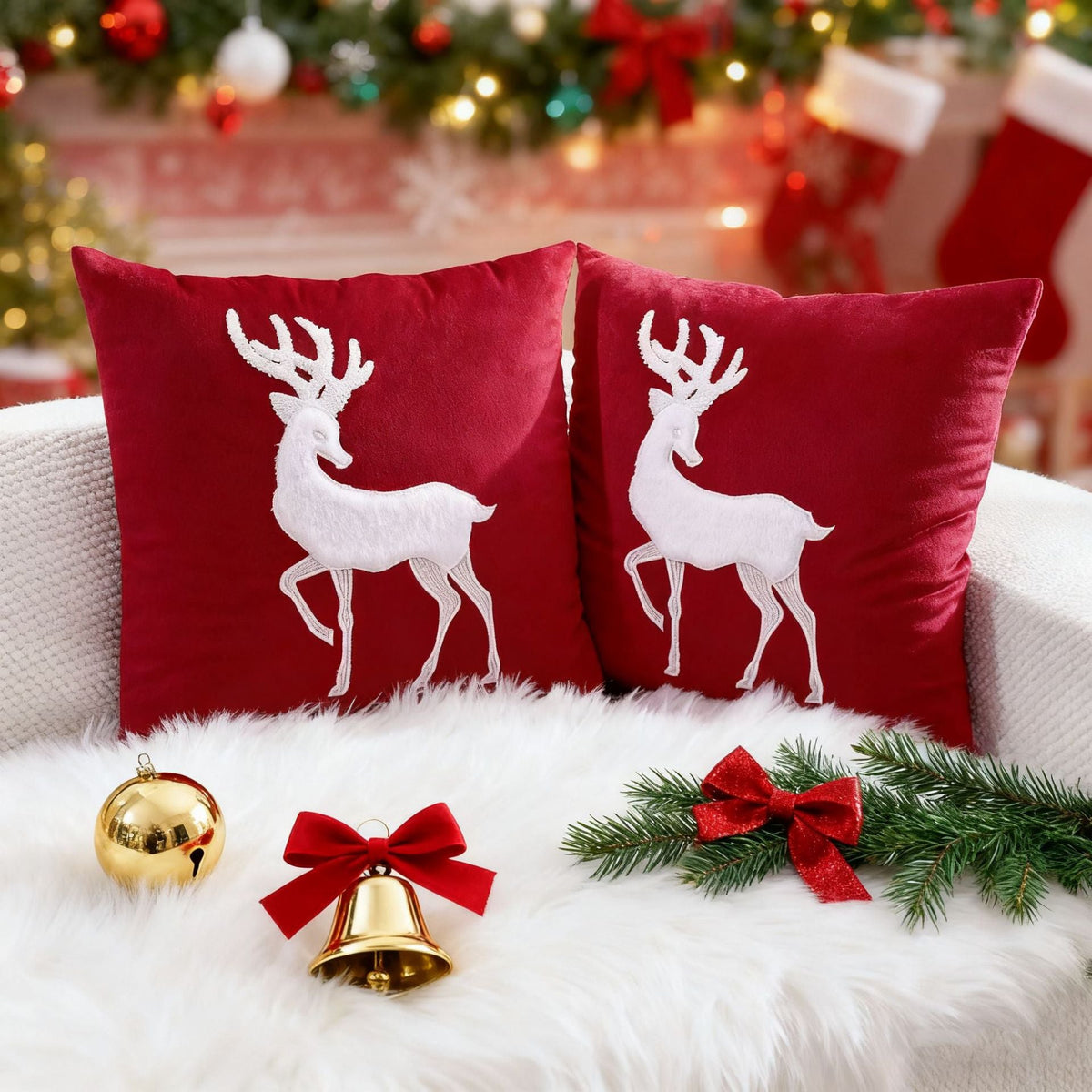 Velvet Throw Pillows with White Reindeer Appliqué Cover
