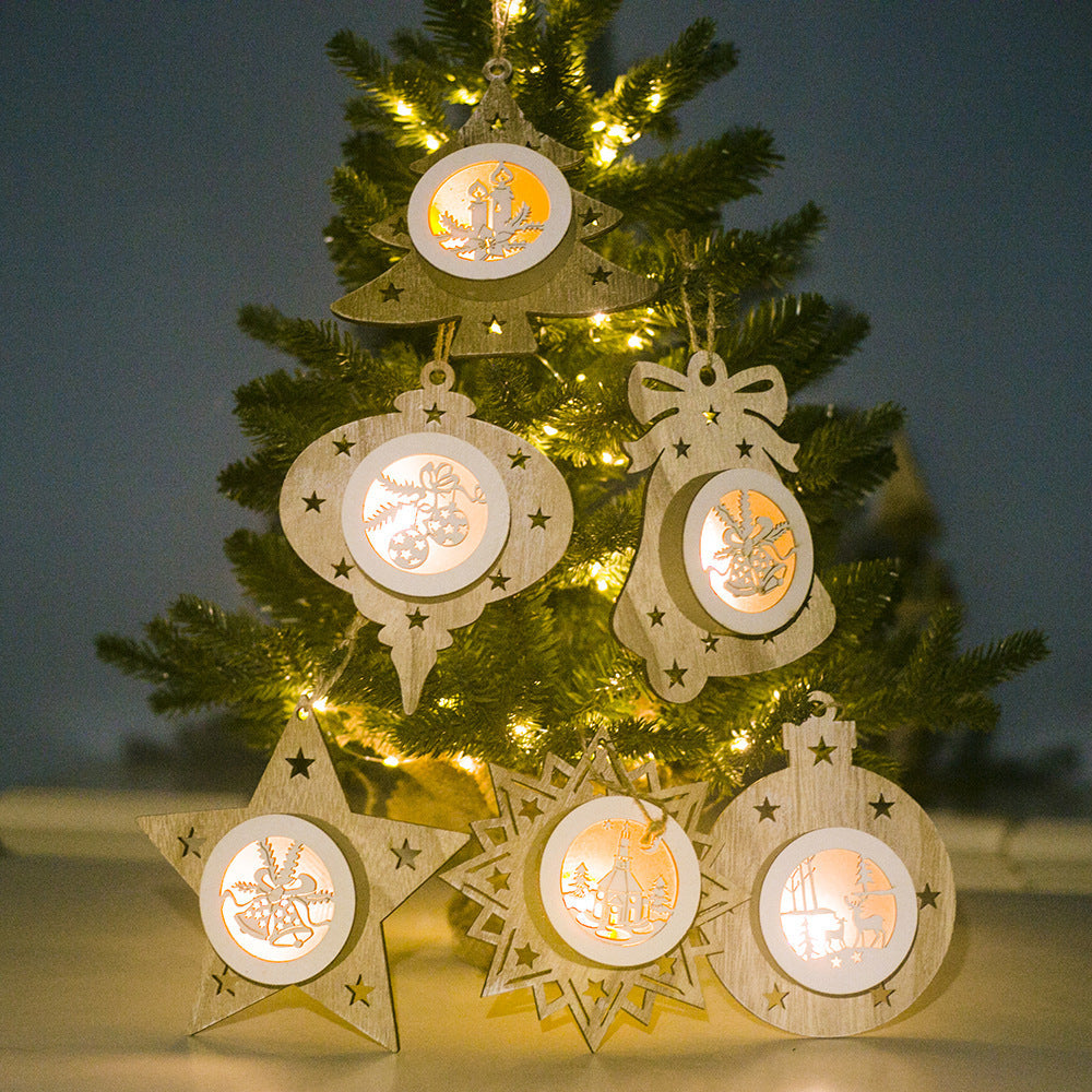Wooden Christmas Tree Ornaments with Warm Glow Cutout Scenes