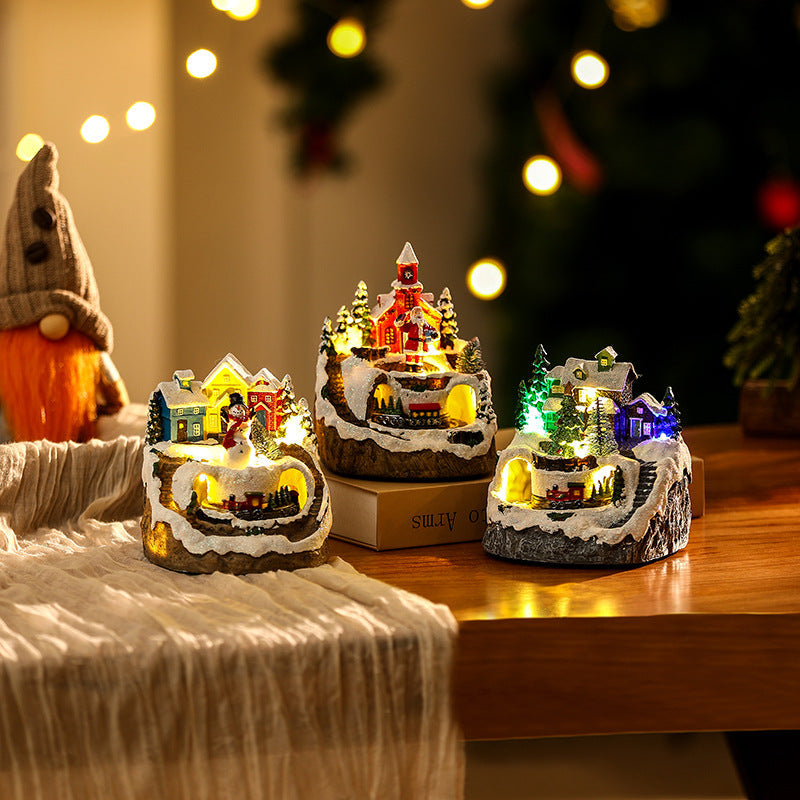 Lighted Christmas Village Scene with Snowman and Train