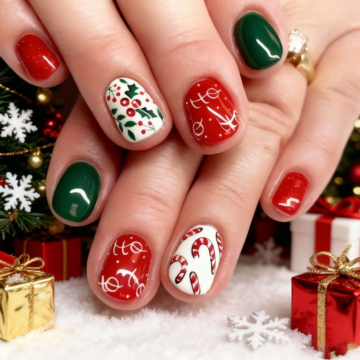 Christmas Press On Nails with Candy Cane and Holly Designs
