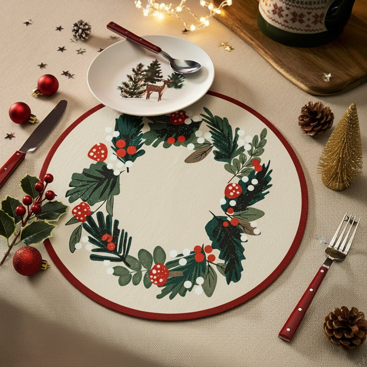 Round Christmas Wreath Print Placemat with Pine Cones