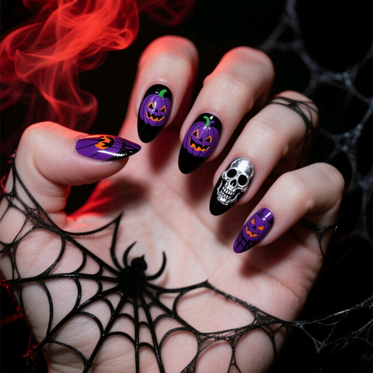Halloween Pumpkin Skull Press-On Nails | Available in Beige | Glue-Free Application in Minutes for Parties and Nights Out