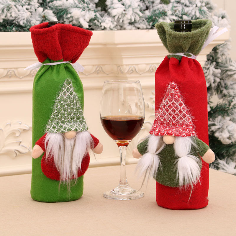 Gnome Christmas Decor Wine Bottle Cover with Red Hat and Ribbon