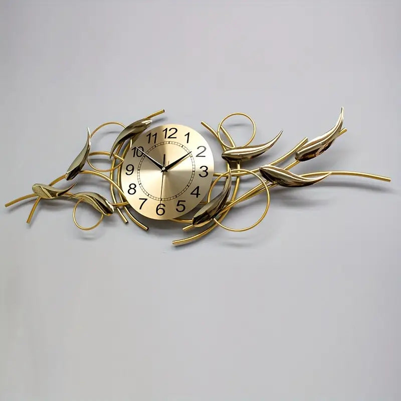Long Wall Clock with Gold Metal Leaves on a Curling Stem | 36 x 12 in Across the Width of a Sofa | Fixings Included