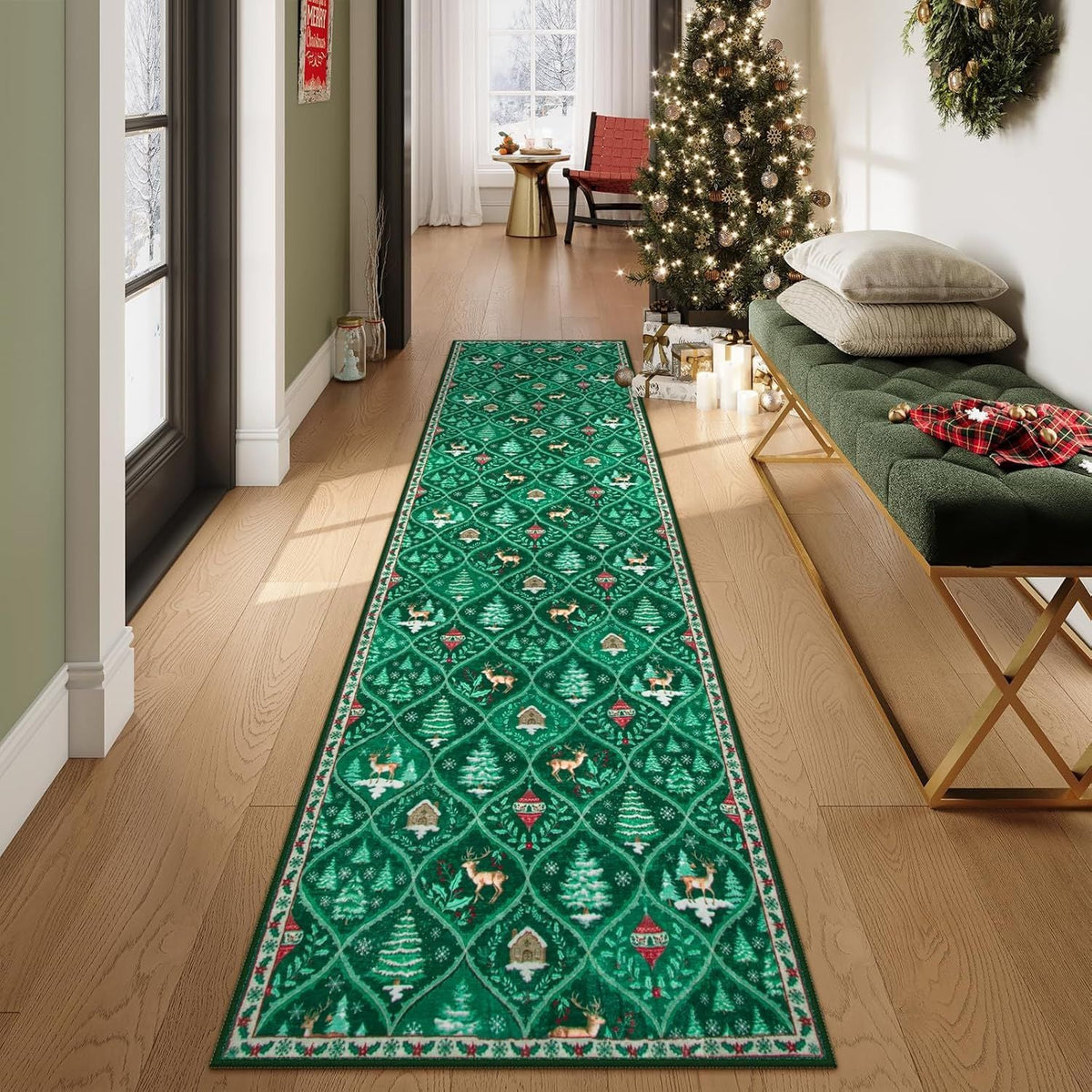 Christmas Runner Rug with Reindeer and Cozy Cabin Design