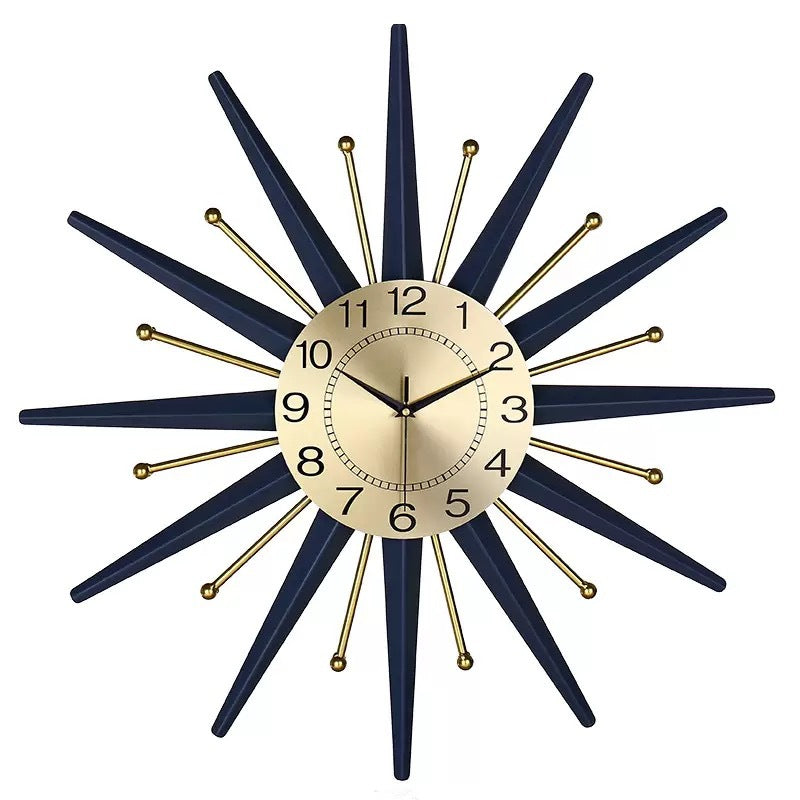 Starburst Retro Wall Clock with Radiating Spokes | Large Gold Dial with Clear Numbers | Two Diameters, 24 or 28 in