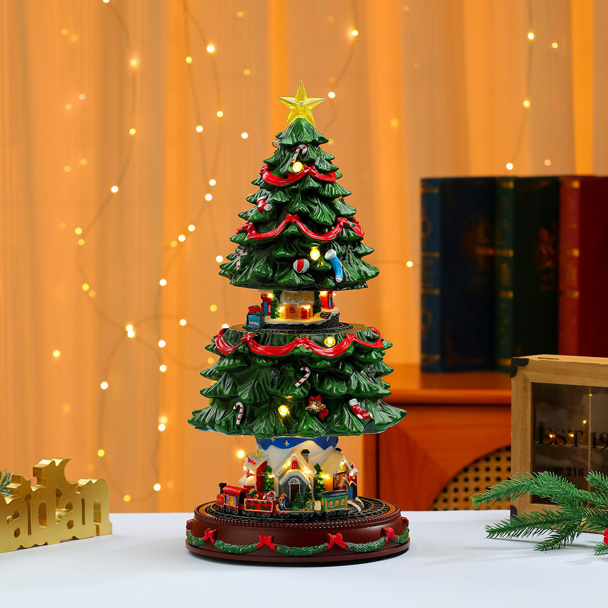 Light Up Christmas Tree Figurine with Village Scene and Train