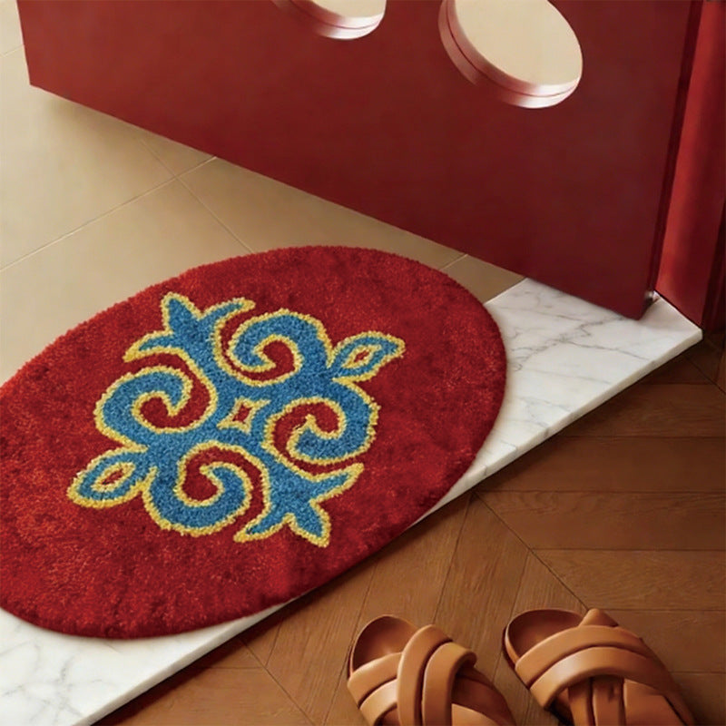 Plush Area Rug in Vintage Red with Blue Scroll Motif | Oval Accent Mat for Bedside or Sofa | Soft Pile