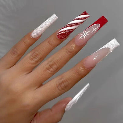 Christmas Acrylic Nails with Glitter and Candy Stripe Art | Long Coffin Press On Tips | Comfortable Fit for Parties