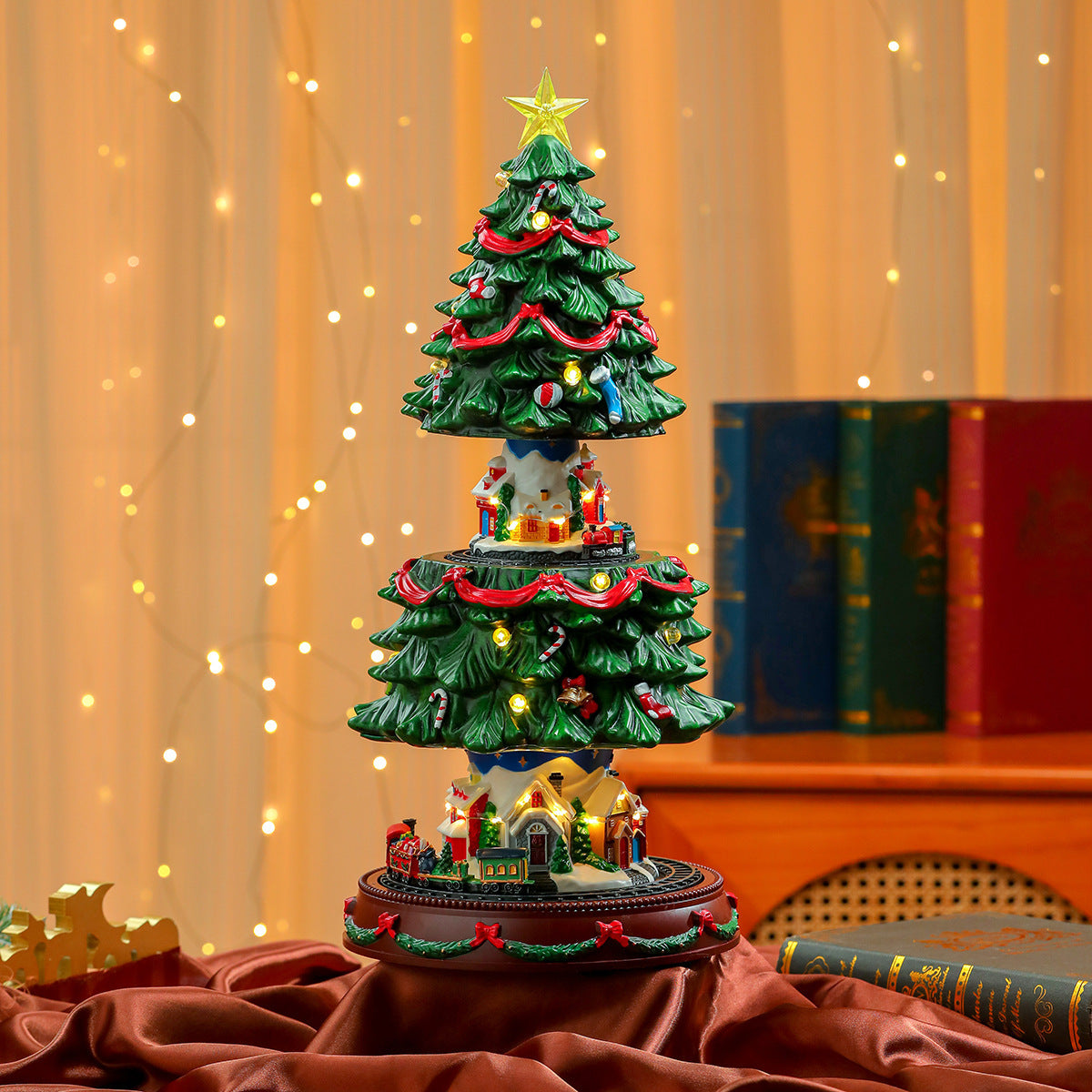 Light Up Christmas Tree Figurine with Village Scene and Train