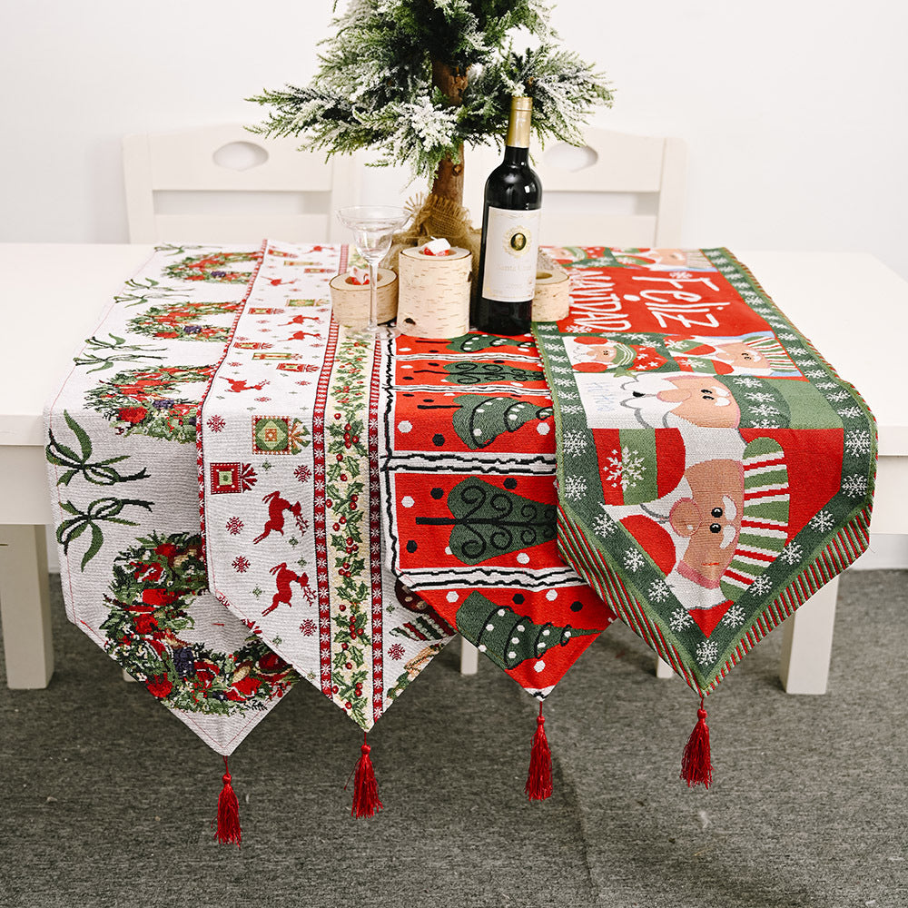 Christmas Table Runner with Tassels and Festive Holiday Prints