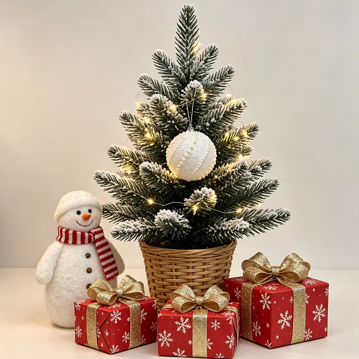 Red and White Christmas Tree Ornaments Set with Santa and Snowman