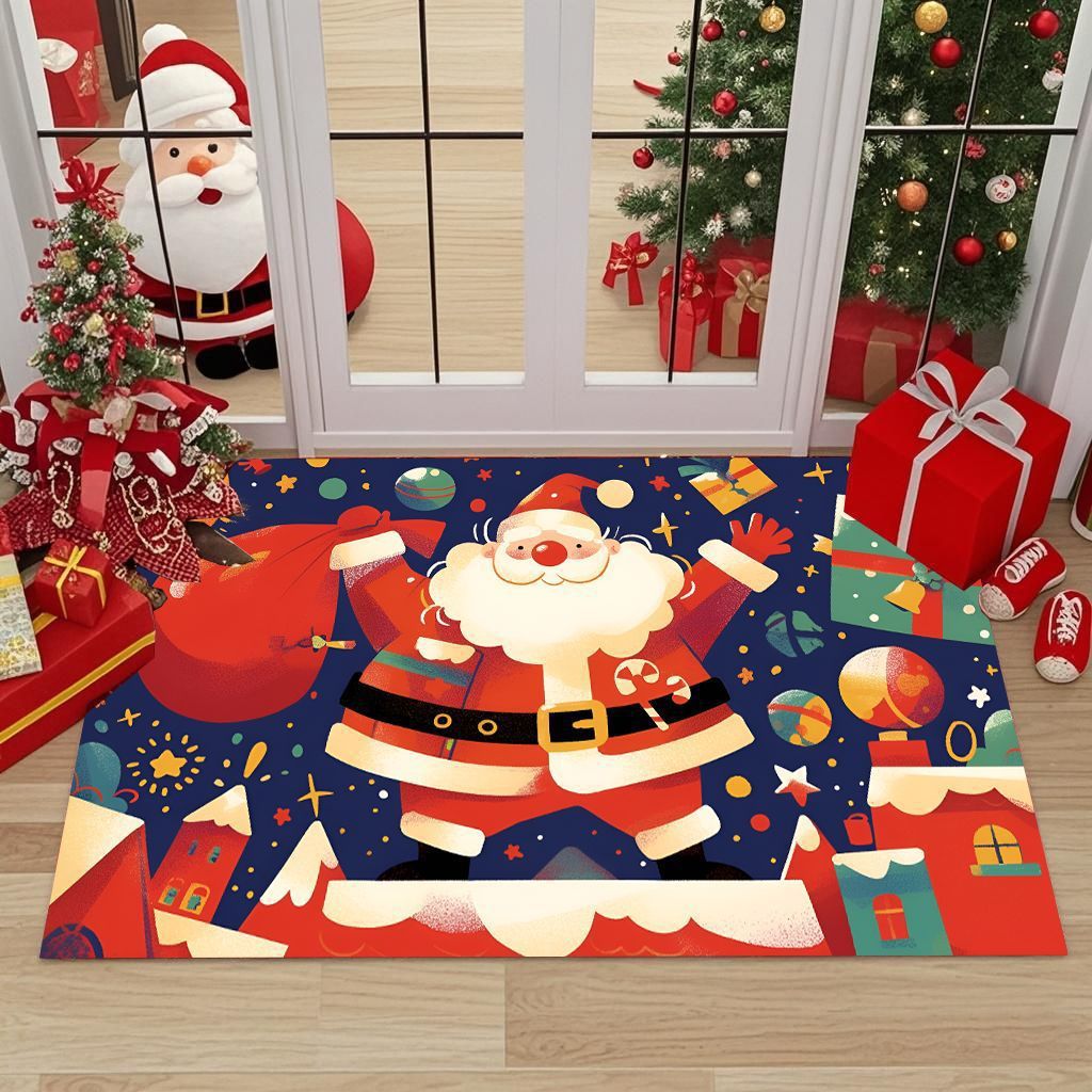 Christmas Door Mat with Santa and Gifts for Holiday Entryways