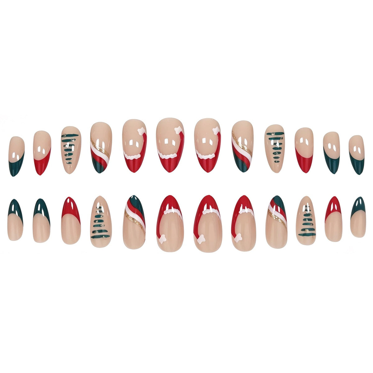 Christmas Press On Nails Set with Holiday Tree and Santa Hat Art