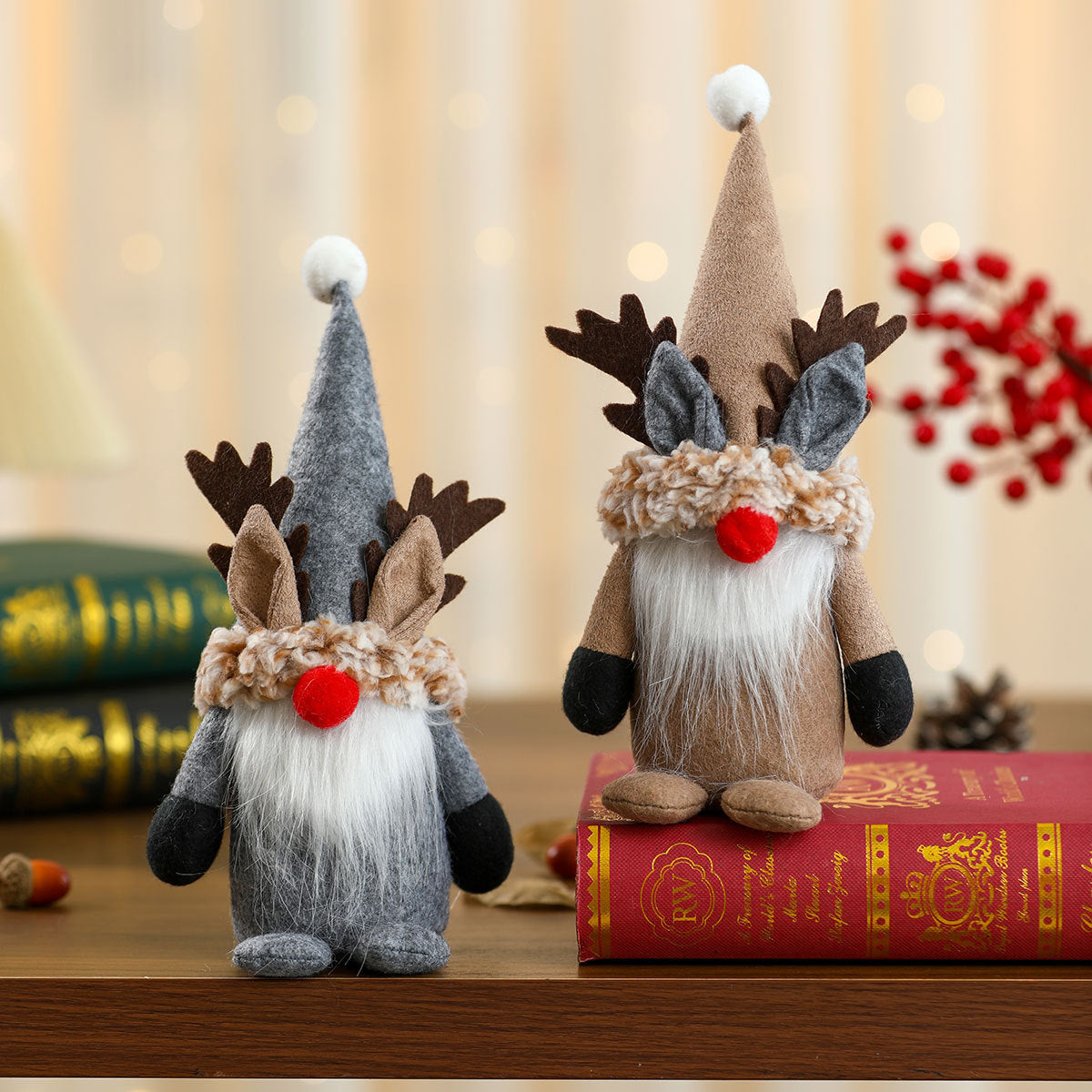 Reindeer Gnome Christmas Decor Figurine with Plush Beard