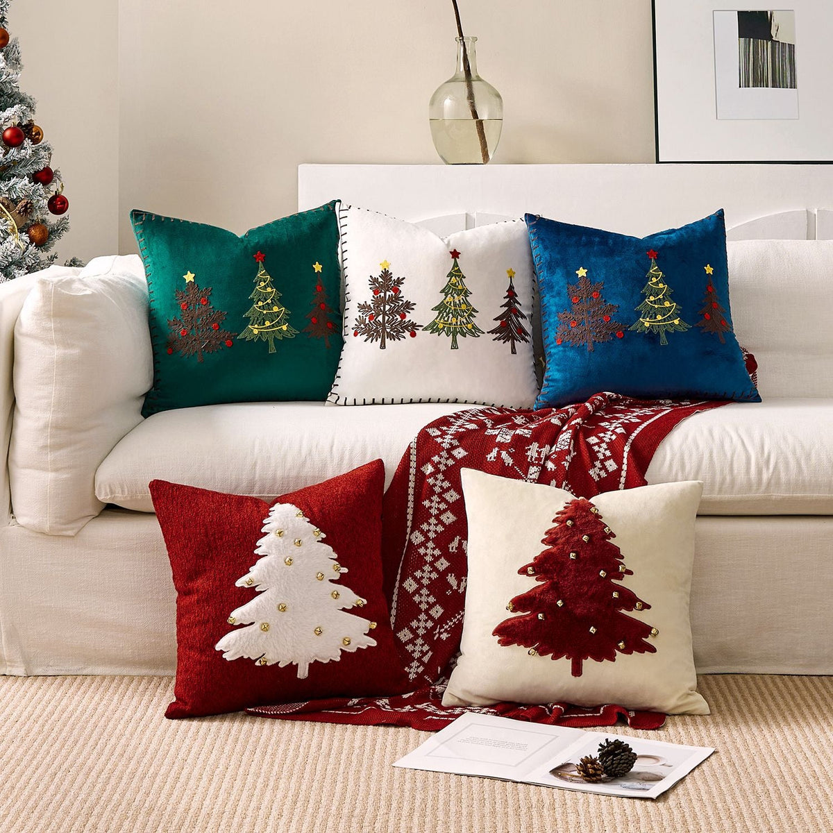 Velvet Christmas Pillow Cover with Embroidered Tree Motifs | Blanket Stitch Edge and Hidden Zipper | Sofa and Bed Decorations