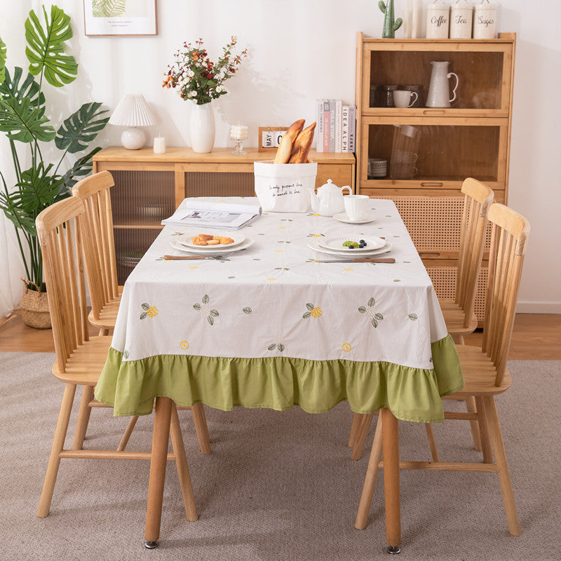 Embroidered Floral Tablecloth with Ruffled Hem | Machine Washable Table Cover for Everyday Dining | 59 x 39 in