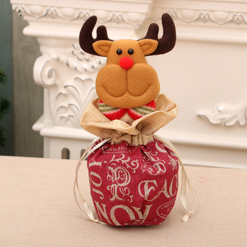 Christmas Figurines Fabric Drawstring Bag with Plush Santa Face