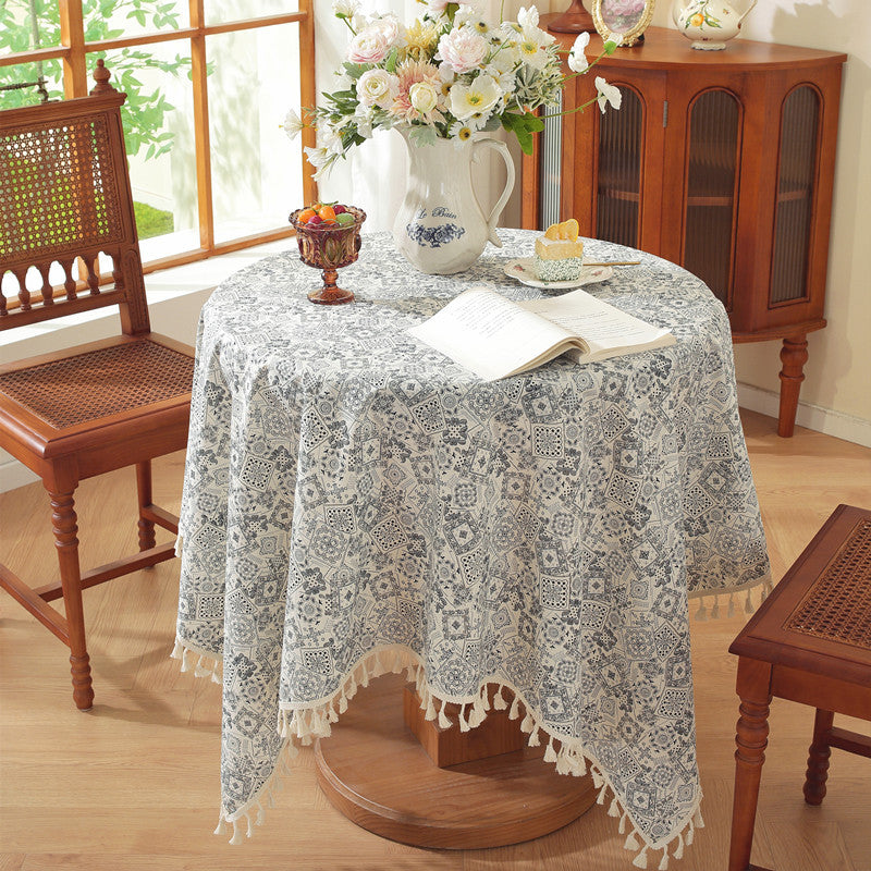 Floral Tablecloth with Tassel Trim and Wrinkle-Free Finish | Machine Washable Table Cover for Dining | 4 Colors