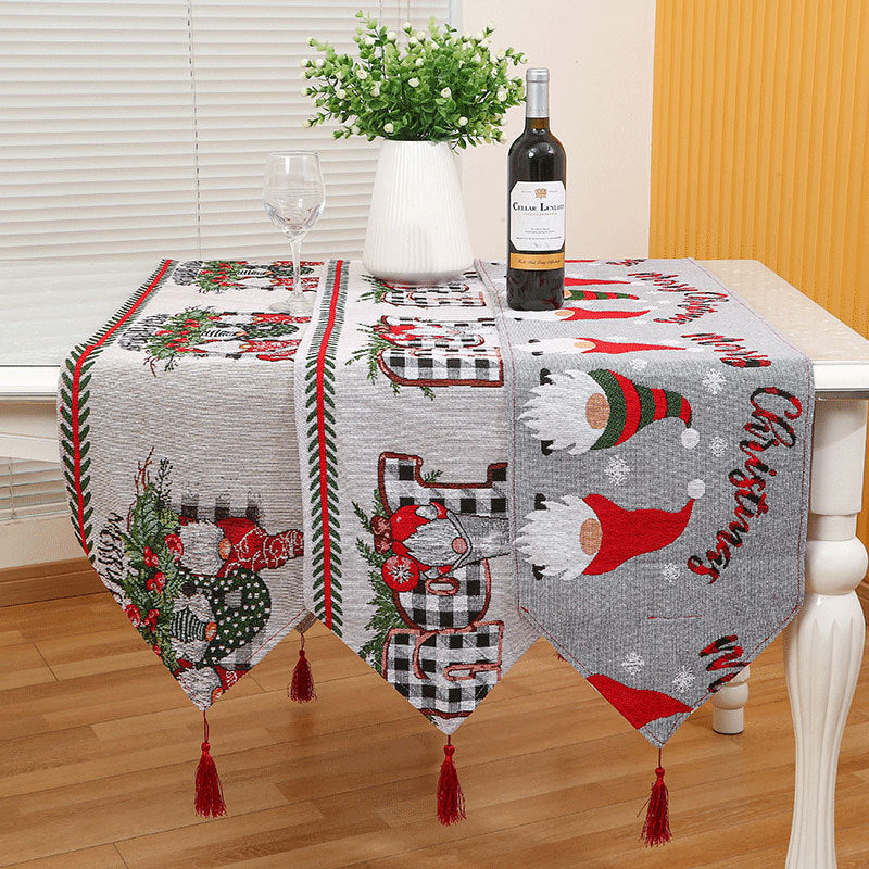 Christmas Table Runner with Gnome Design and Red Tassels