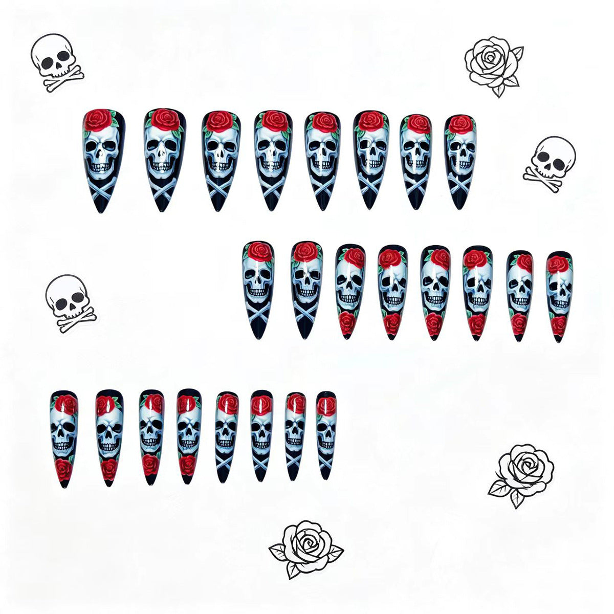 Halloween Skull Floral Press-On Nails | Available in Jelly | Glue-Free Application in Minutes for Parties and Nights Out
