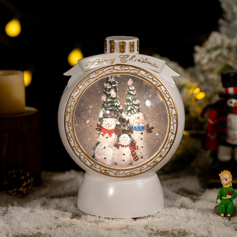 Christmas Snow Globe Lantern with Snowmen and Gold Trim
