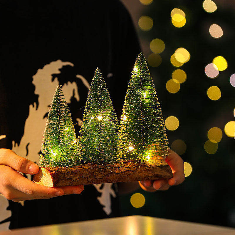 Mini Christmas Tree Decorations Set with LED Lights on Wood Base
