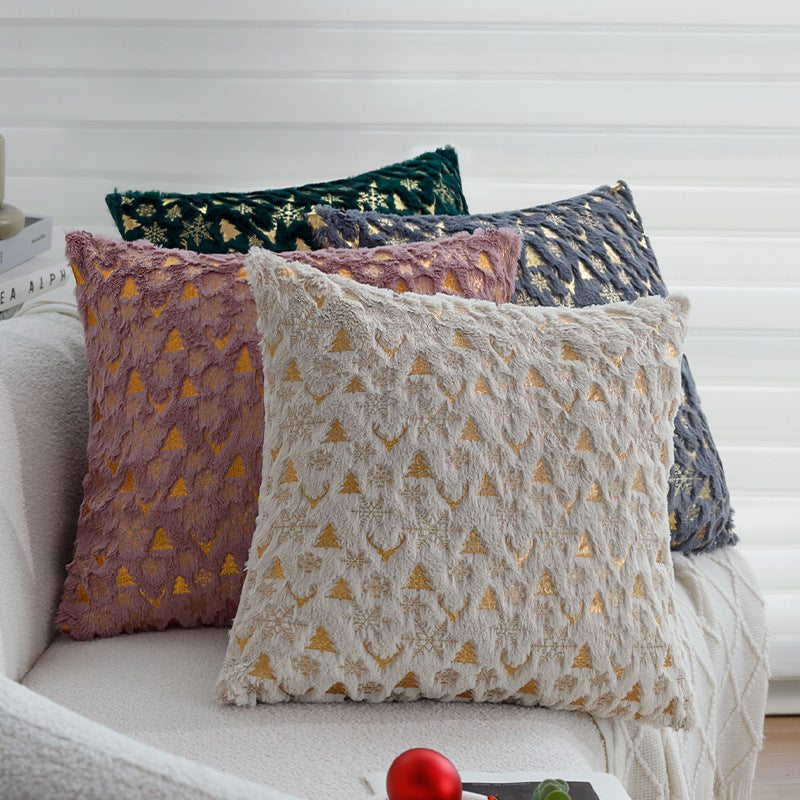 Velvet Pillow Cover with Metallic Deer and Tree Print | Hidden Zipper, Machine Washable | Christmas Decorations for Sofa