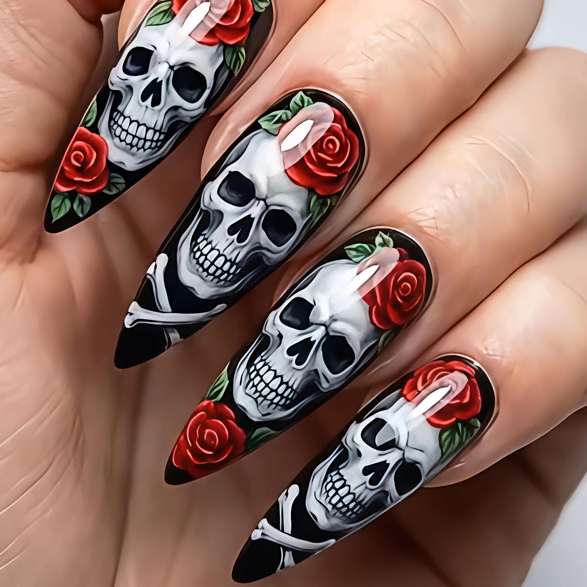 Halloween Skull Floral Press-On Nails | Available in Jelly | Glue-Free Application in Minutes for Parties and Nights Out