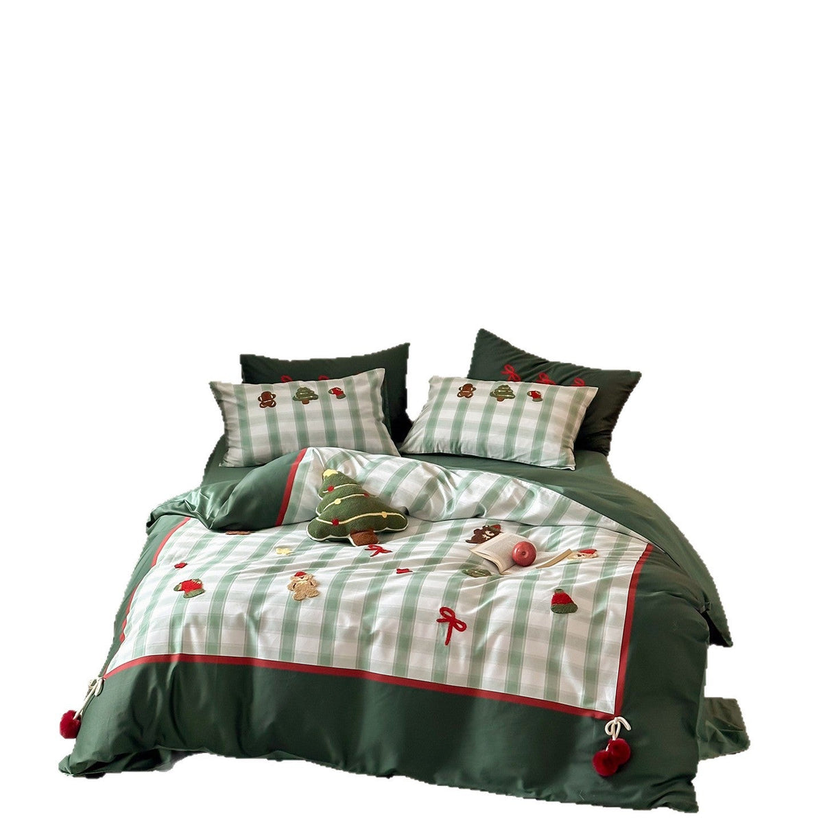 Cotton Sateen Christmas Bedding Set with Embroidered Pom Poms