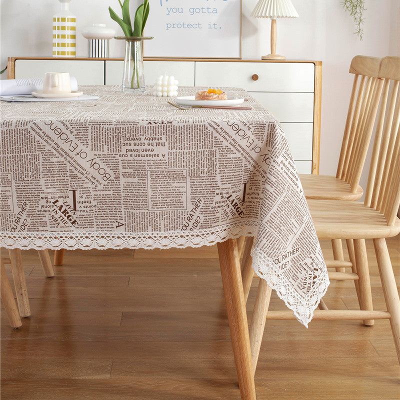 Lace Trimmed Tablecloth with Vintage Newspaper Print | Hard-Wearing Fabric for Daily Dining | 3 Sizes