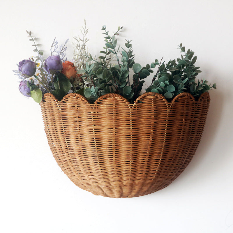 Scalloped Wall Basket Decor in Woven Rattan | Mounts Flat to Hold Plants or Small Items | 5 Finishes