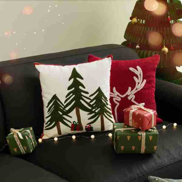 Christmas Pillow Covers with Embroidered Trees and Gift Boxes