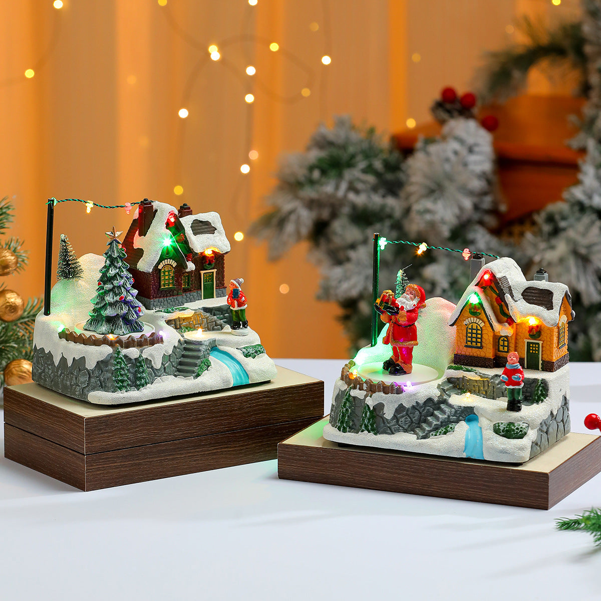 Light Up Christmas Village Figurines Set with Santa Cottage