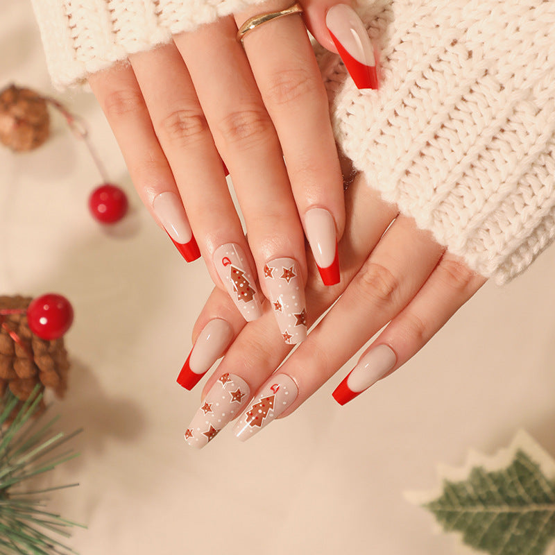 Christmas French Tip Nails in Nude and Red | Long Press On Set with Tree and Star Art | Glitter Accents, Salon Look