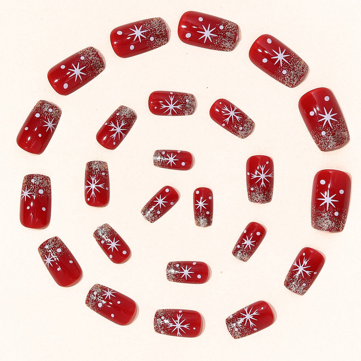 Christmas Press On Nails with Red Glitter Gradient Snowflakes