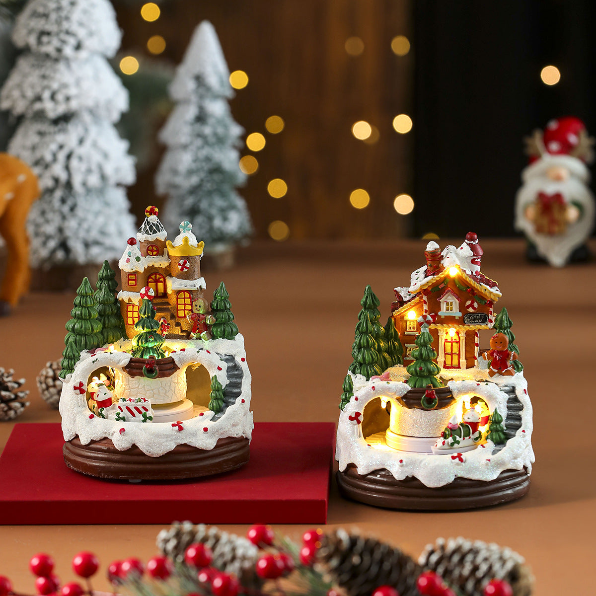Christmas Village Figurines with Warm LED Lights and Details