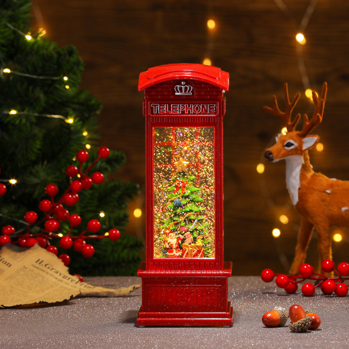 Christmas Snow Globe with a Red Telephone Box and Tree Scene | Shake It for Swirling Snowflakes | Festive Decorations, 3 Designs