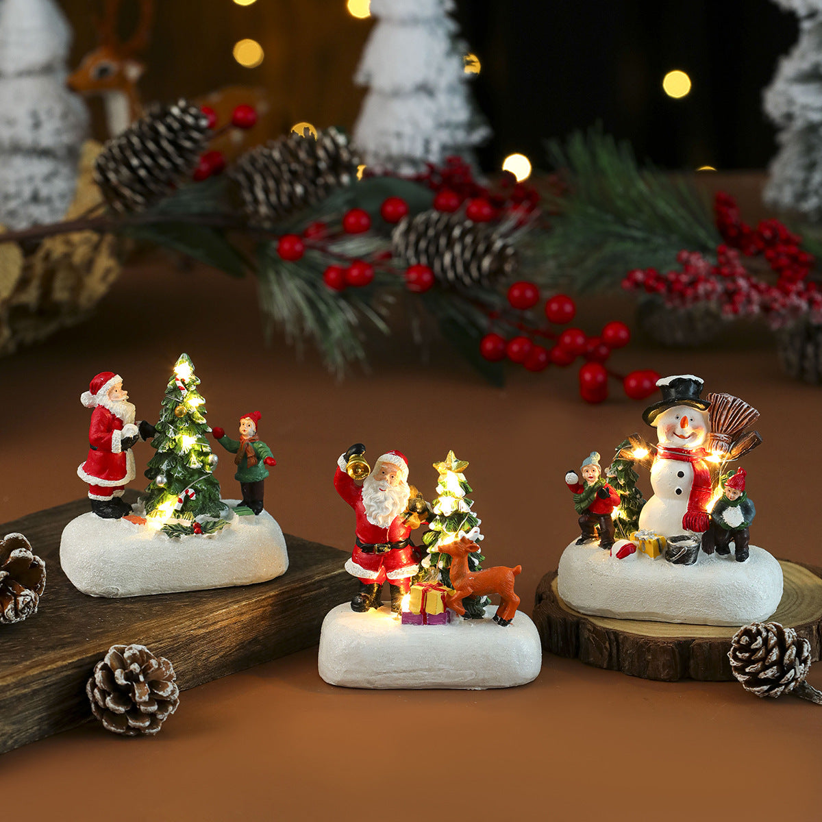Light Up Christmas Village Figurines with Santa and Snowman