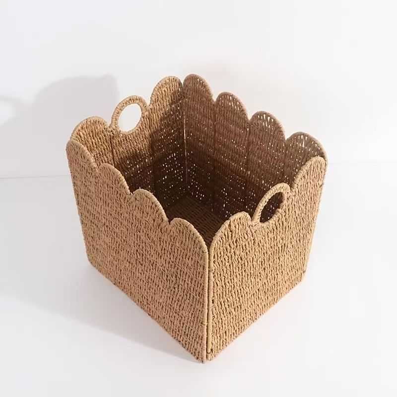 Scalloped Woven Basket with Side Handles | Stuffed Toy Storage for a Nursery or Living Room | Wipe Clean