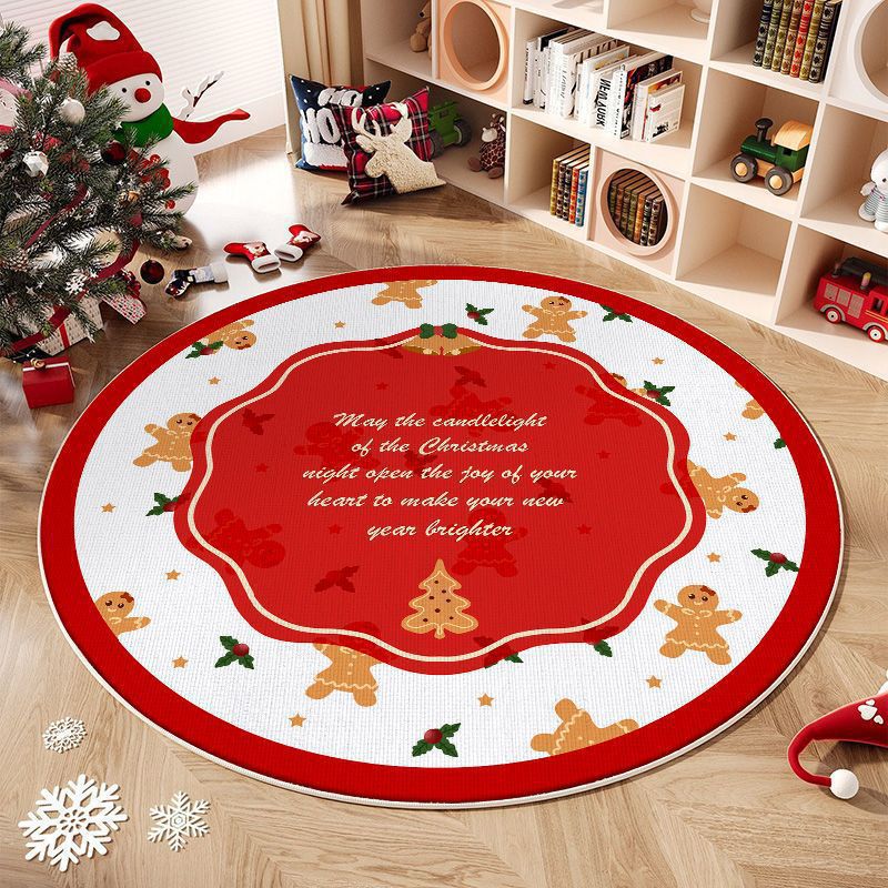 Round Washable Christmas Rug with Tree and Reindeer Design