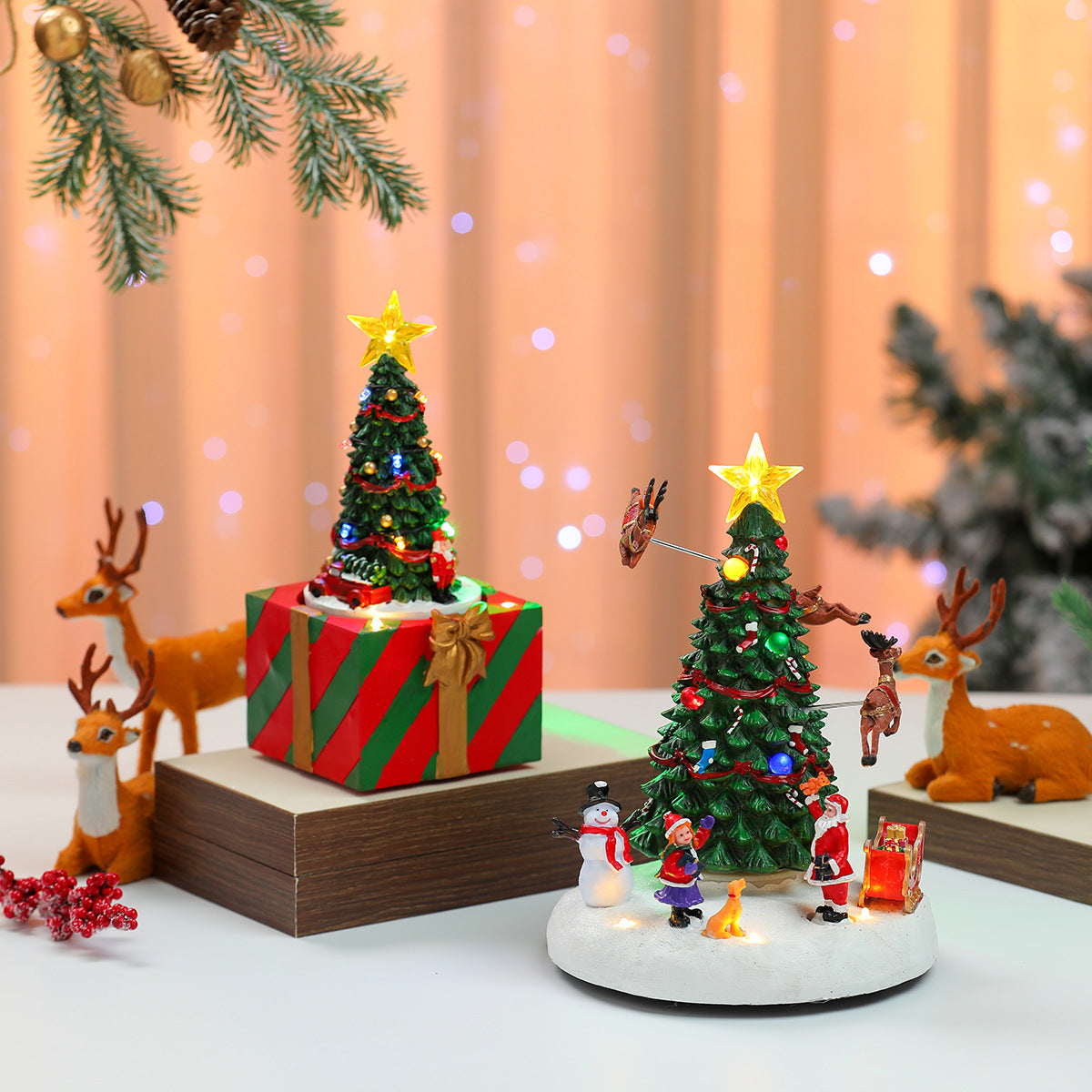 Christmas Music Box Tree Figurine with Lights and Santa Scene
